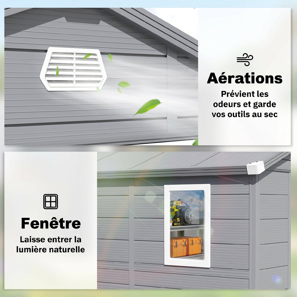 Abri de jardin en résine 4,56 m² avec kit de fondation galvanisé structure en aluminium 240 x 190 x 228 cm gris foncé-4
