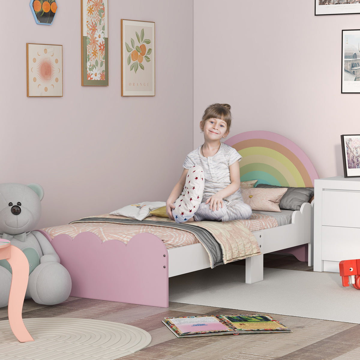 Lit pour enfants de 3 à 6 ans 143 x 74 x 66 cm design arc-en-ciel sommier à lattes inclus chambre moderne rose-1