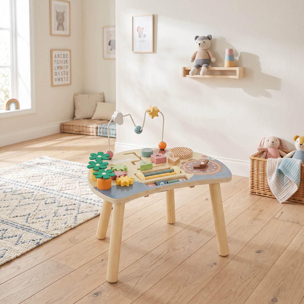 Table d'Activités en Bois pour Bébé 1-3 Ans 6 en 1 avec Engrenages, Labyrinthe de Perles, Horloge Rotative et Carottes-7