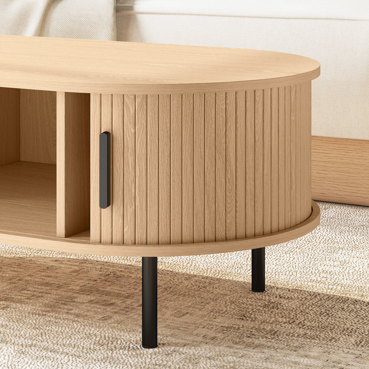 Table basse ovale en bois, table de salon moderne avec portes coulissantes et rangement caché, 100x55x40cm, bois naturel-9