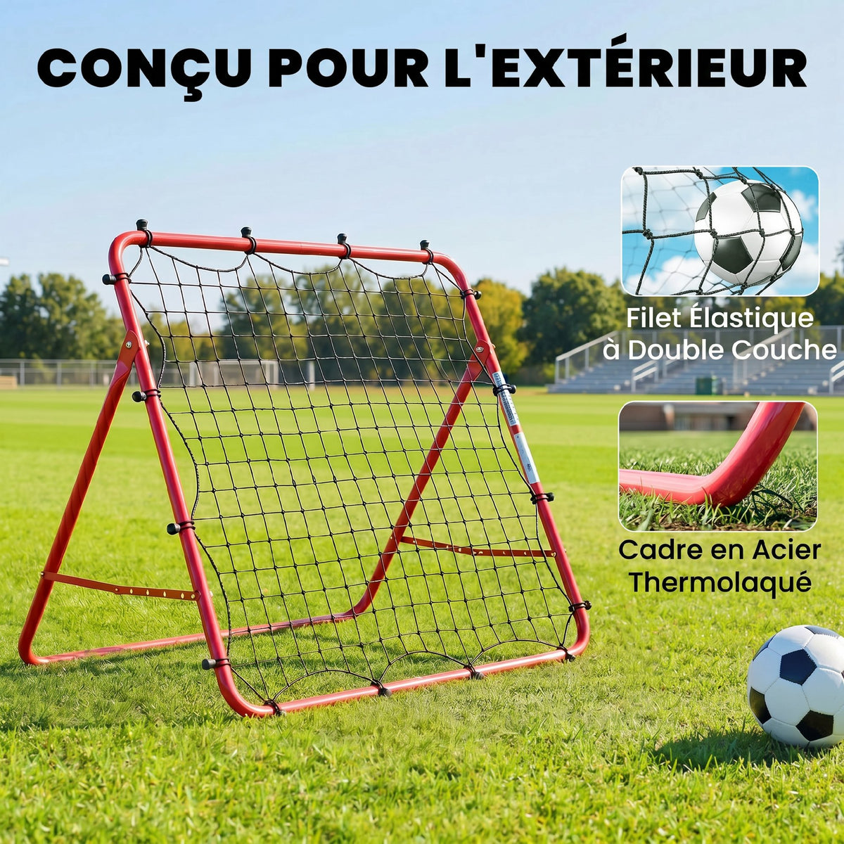 Filet de Rebond Football Portable, 5 Angles Réglables en Acier et Nylon à Double Couche, 103x72x89cm, Rouge-4