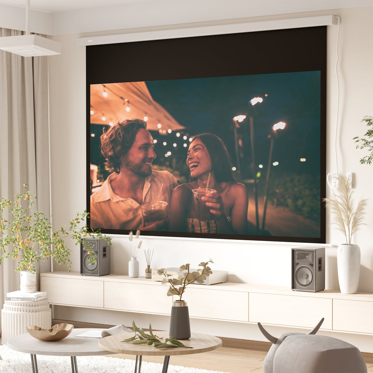 Écran vidéoprojecteur 100 Pouces, 16:9 4K HD écran de projection motorisé et électrique, écran de projection tv et home cinéma, montage mural ou plafond, panneau de commande et télécommande-1