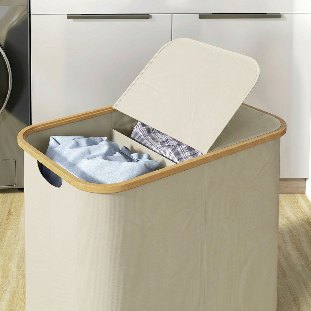 Panier à linge double pliable 80 L corbeille à linge sale avec couvercle, poignées rainurées, beige-8