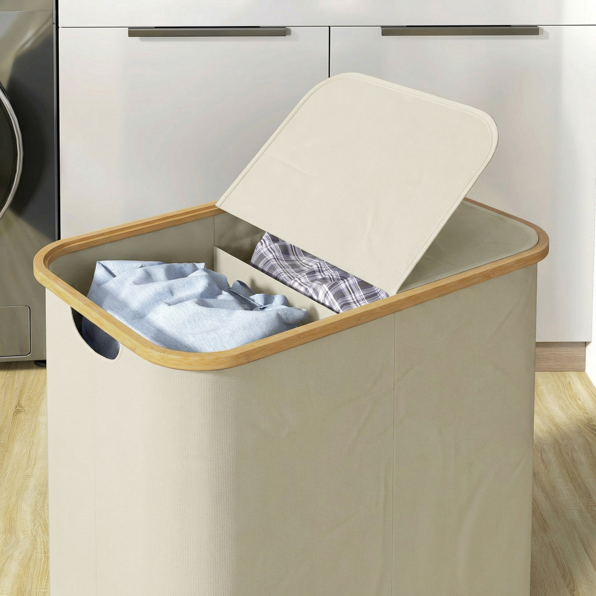 Panier à linge double pliable 80 L corbeille à linge sale avec couvercle, poignées rainurées, beige-8