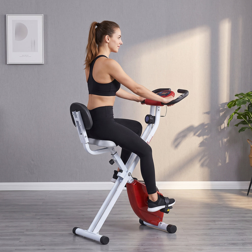 Vélo d'Appartement Pliable Magnétique Cardio-training - Sport Maison avec 8 Niveaux de Résistance et Roulettes - Silencieux Home Trainer avec Capteur de Pouls pour Fitness Homme et Femme, Rouge-8