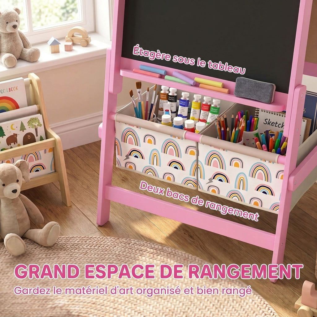 Chevalet Enfant 3-en-1 Double Face, Tableau Noir et Tableau Blanc, Rouleau de Papier, Paniers, Étagère, 3-8 Ans, Rose-4