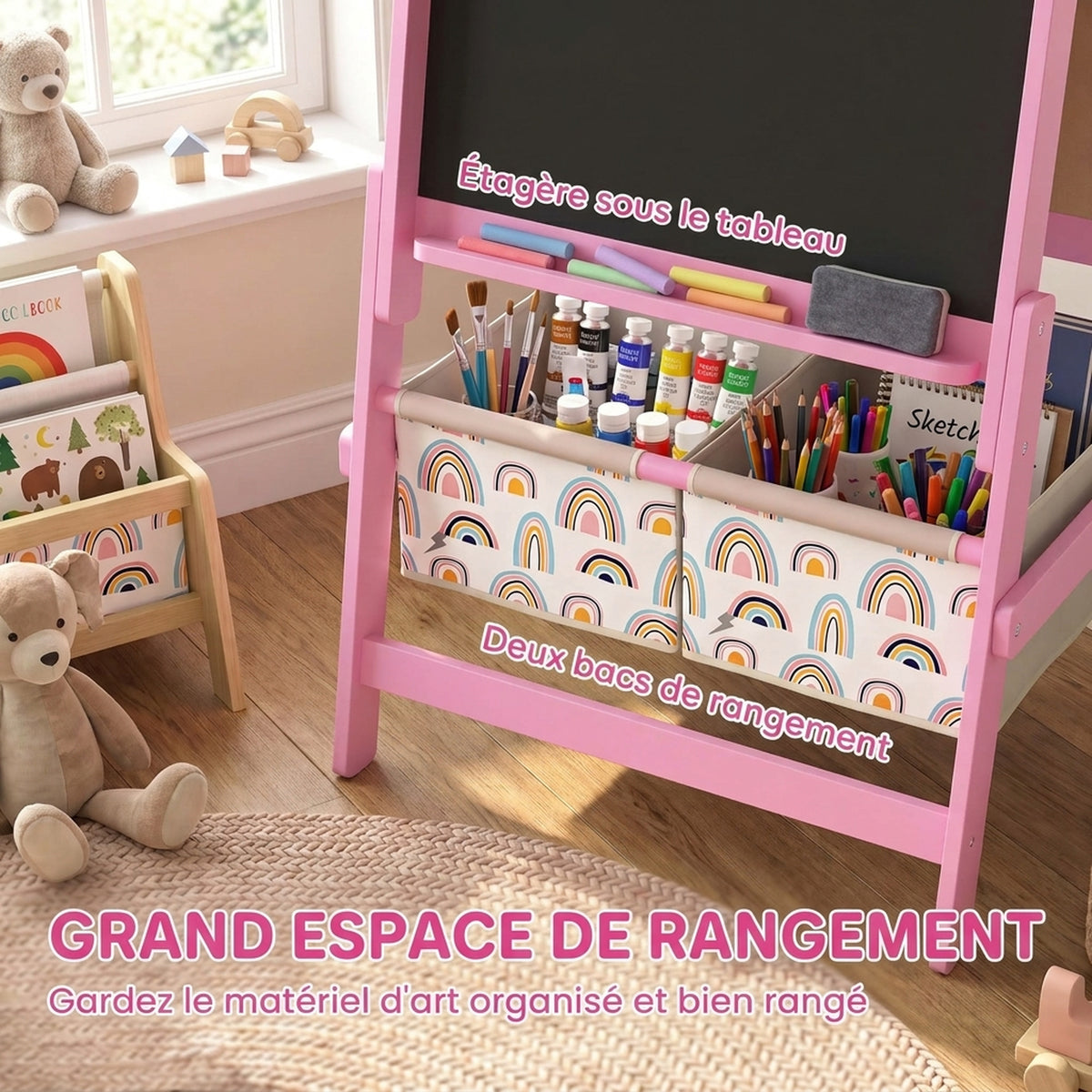 Chevalet Enfant 3-en-1 Double Face, Tableau Noir et Tableau Blanc, Rouleau de Papier, Paniers, Étagère, 3-8 Ans, Rose-4