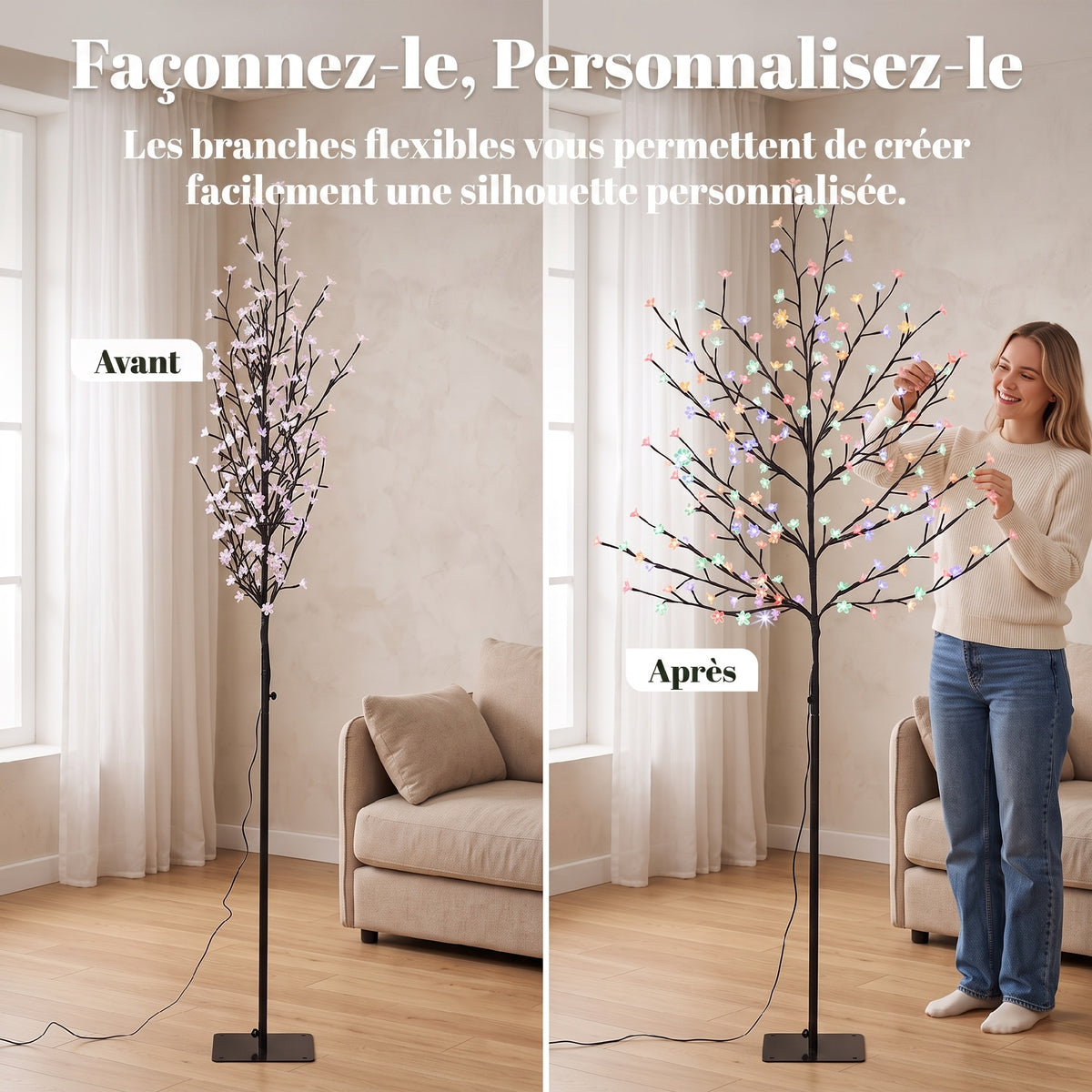 Arbre lumineux 180cm Cerisier Artificiel Lumineux  200 LED et 20 Branches Flexibles, Décoration Intérieure et Extérieure-5