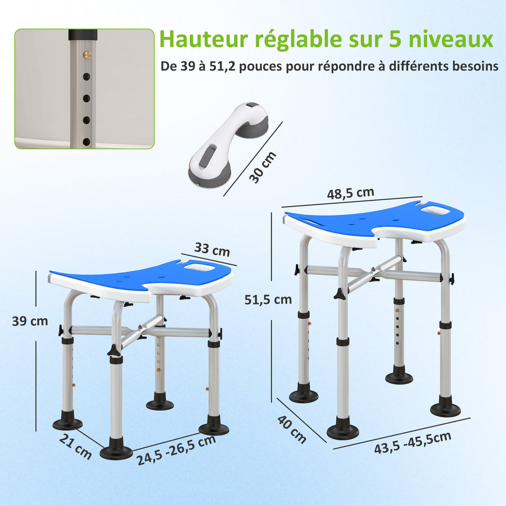 Tabouret de douche siège de douche hauteur ajustable 39-51,5 cm barre d'appui à ventouse patins à ventouse bleu foncé-2
