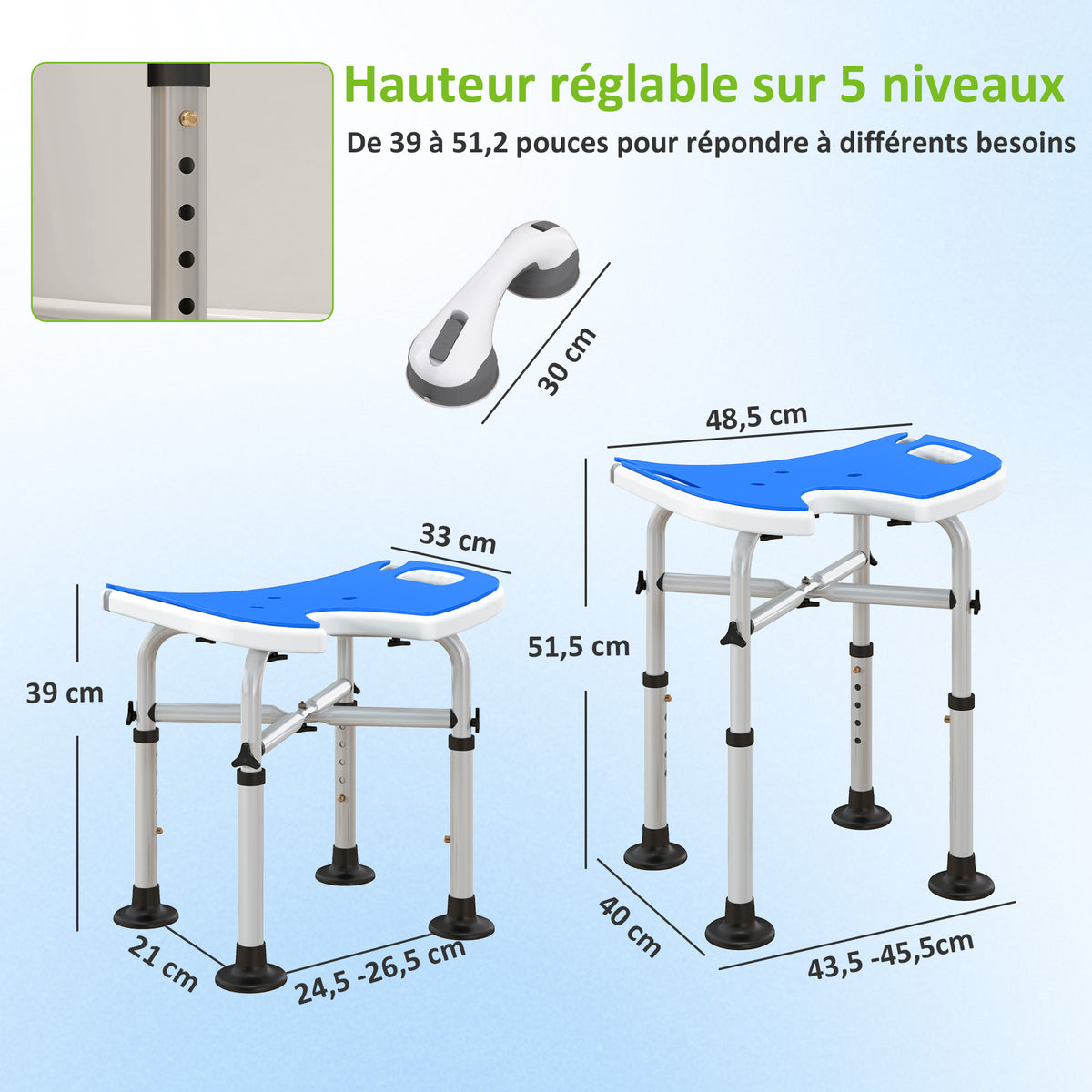 Tabouret de douche siège de douche hauteur ajustable 39-51,5 cm barre d'appui à ventouse patins à ventouse bleu foncé-2