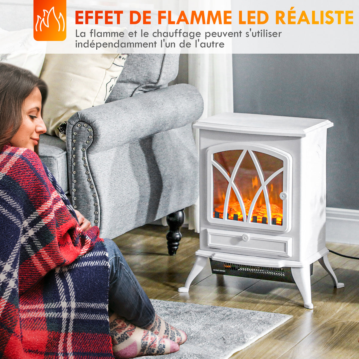 Cheminée électrique sur pied 1000/2000 W, fausse cheminée décorative avec effet flamme LED, blanc-4