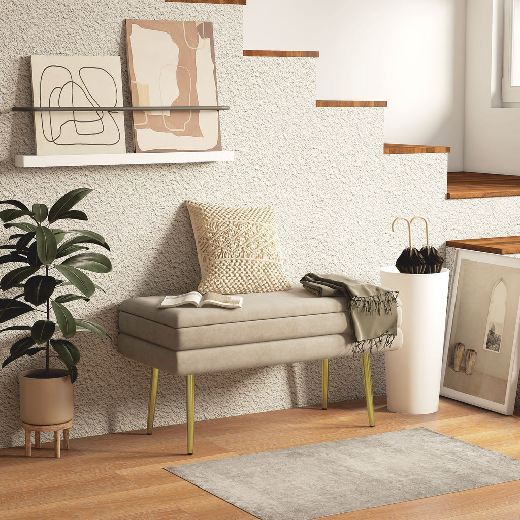 Banc banquette coffre de rangement 2 en 1 assise aspect velours et pieds acier - 79,5L x 37,5P x 43H cm beige et doré-1
