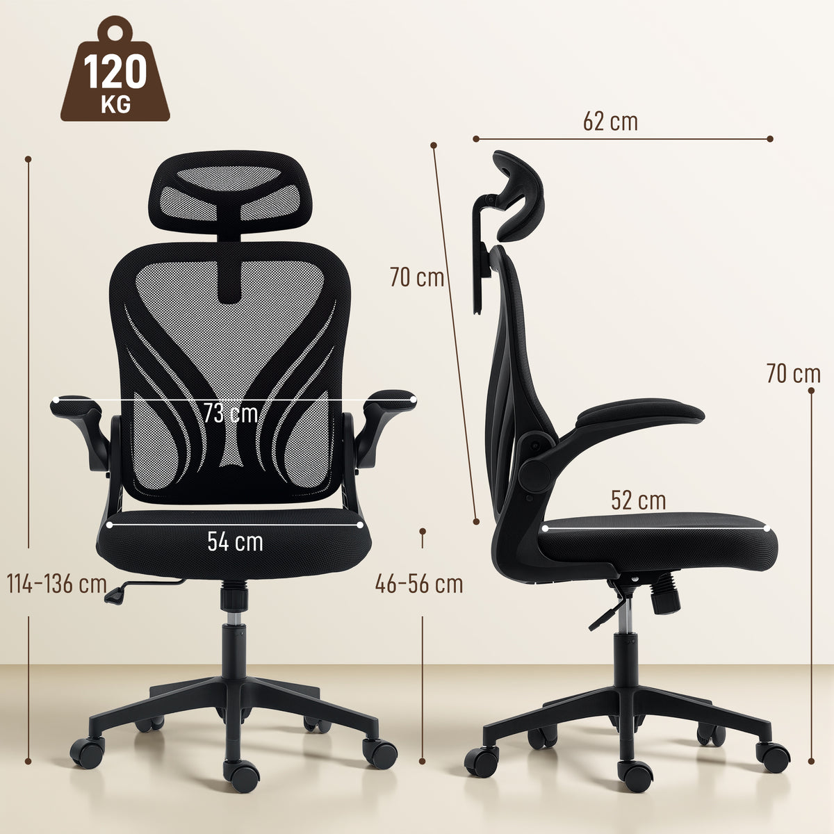 Chaise bureau, fauteuil de bureau en maille, dossier rabattable, appui-tête 2D, accoudoirs relevables, 73x62x136cm, noir-2