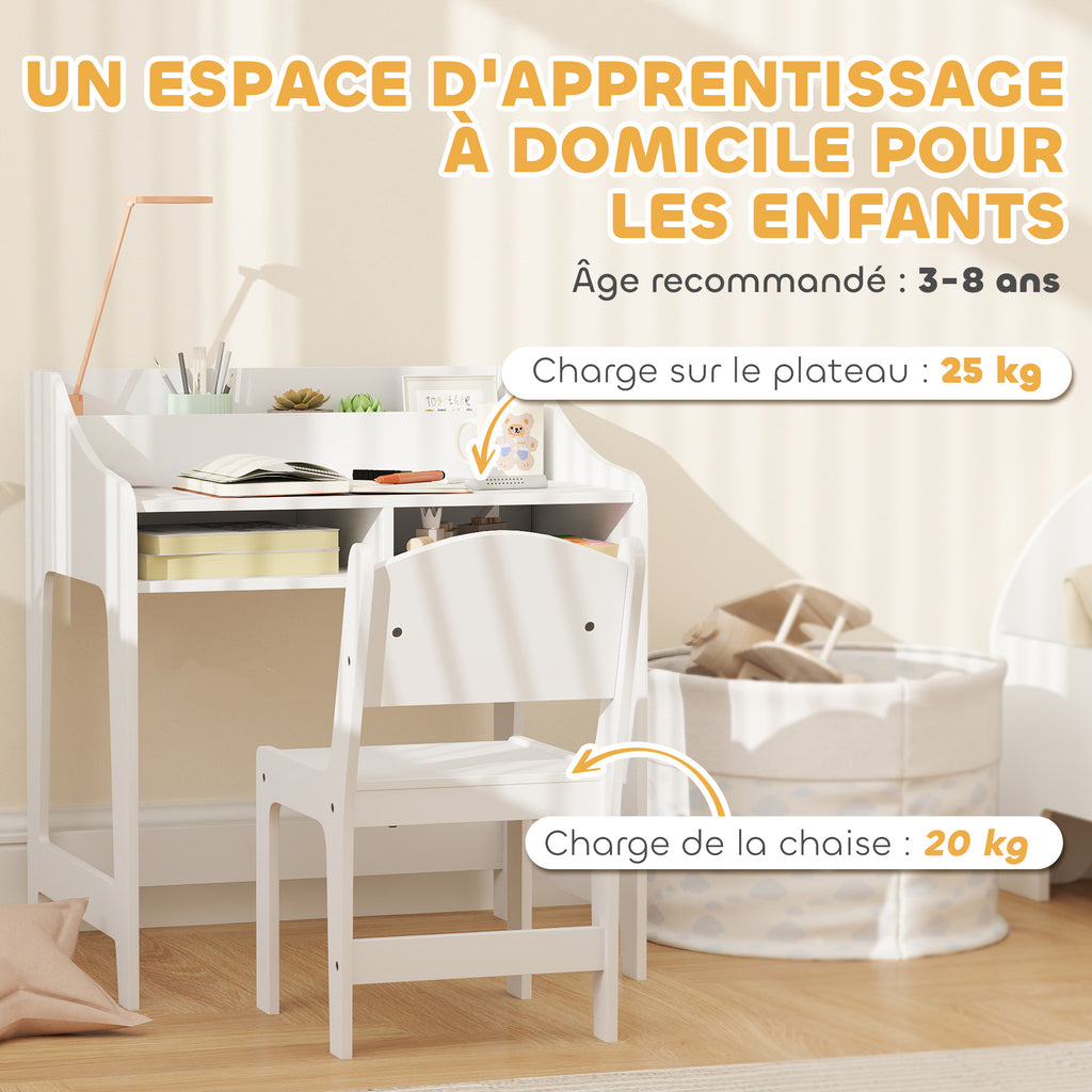 Ensemble bureau et chaise pour enfant 3 à 8 ans avec compartiments et étagères ouverts, blanc-7