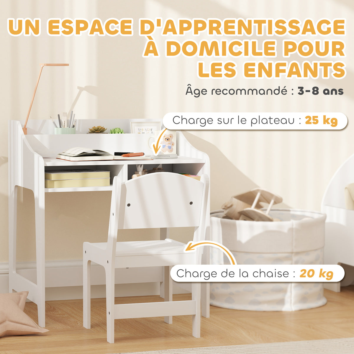Ensemble bureau et chaise pour enfant 3 à 8 ans avec compartiments et étagères ouverts, blanc-7