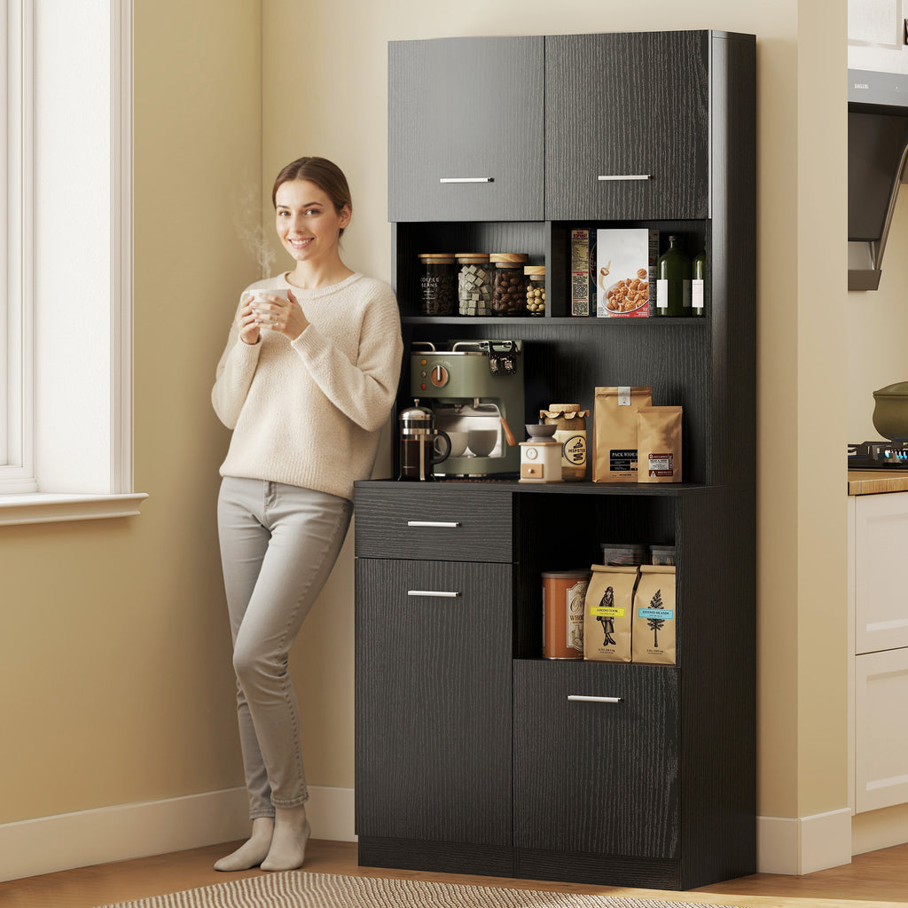 Buffet Haut Cuisine, Armoire de Cuisine avec 4 Portes à Fermeture Douce, Tiroir et Étagères Réglables, Noir-7