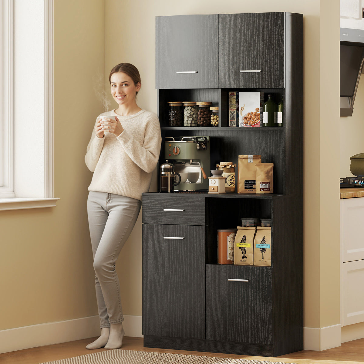 Buffet Haut Cuisine, Armoire de Cuisine avec 4 Portes à Fermeture Douce, Tiroir et Étagères Réglables, Noir-7