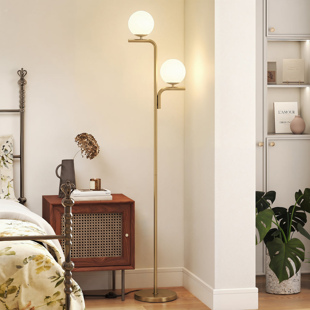Lampadaire sur Pied Salon à Double Tête, Lampe sur Pied avec 3 Températures de Lumière, Abat-Jour en Verre, Doré-5