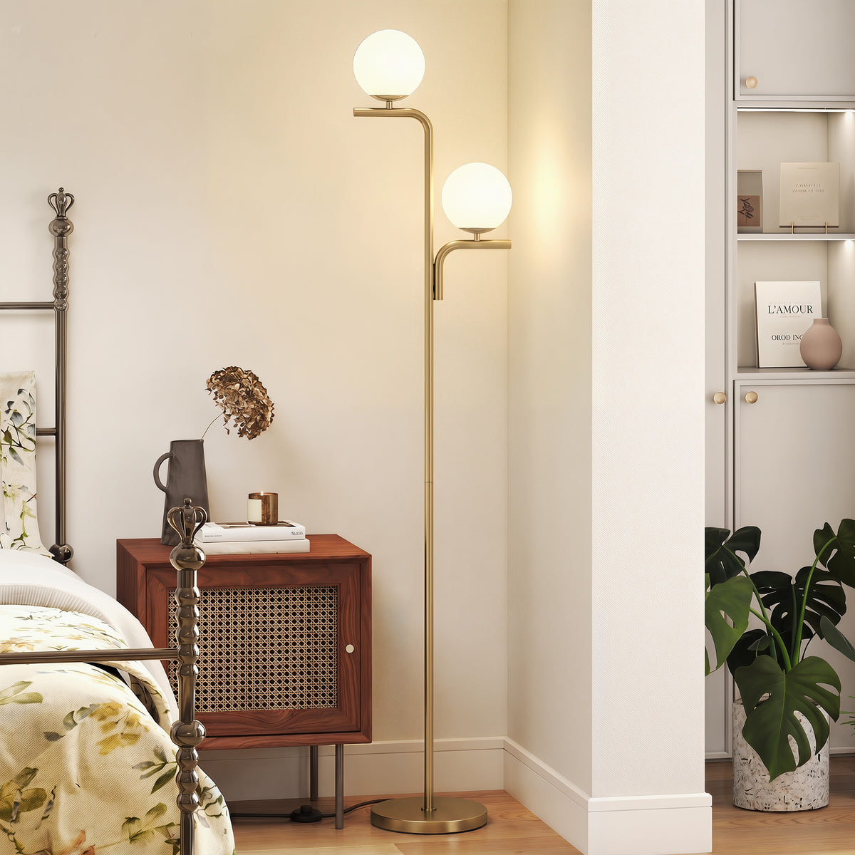 Lampadaire sur Pied Salon à Double Tête, Lampe sur Pied avec 3 Températures de Lumière, Abat-Jour en Verre, Doré-5
