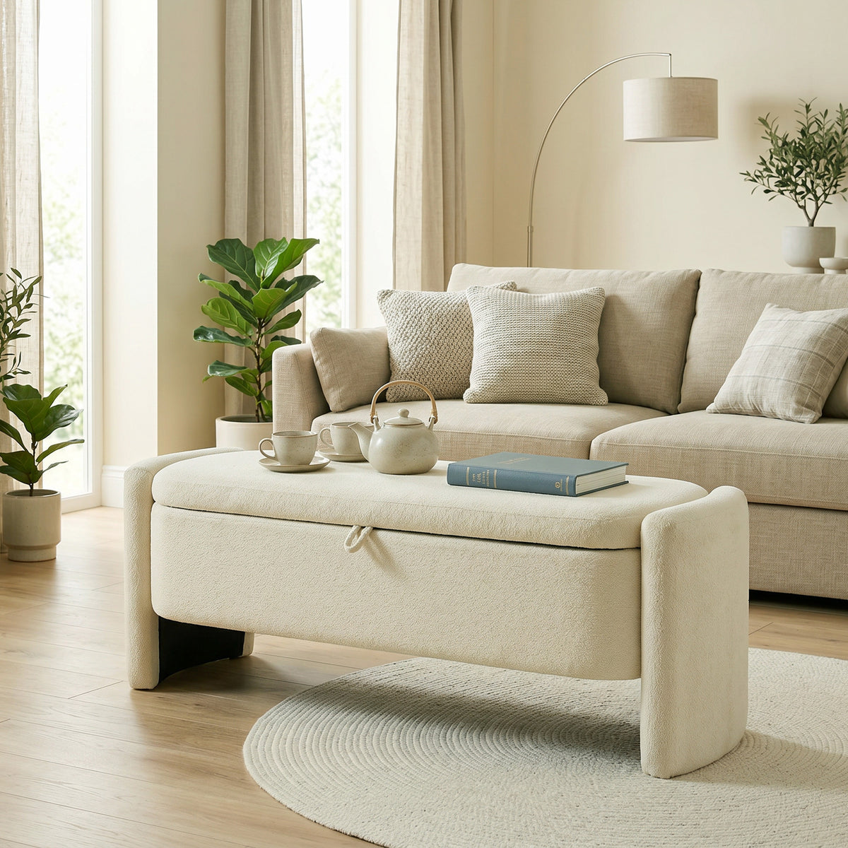 Banc Bout de Lit Banquette, 118x42x45cm, Banc de Rangement Rembourré en Tissu Bouclé, Pieds en Bois d'Eucalyptus, Crème-8