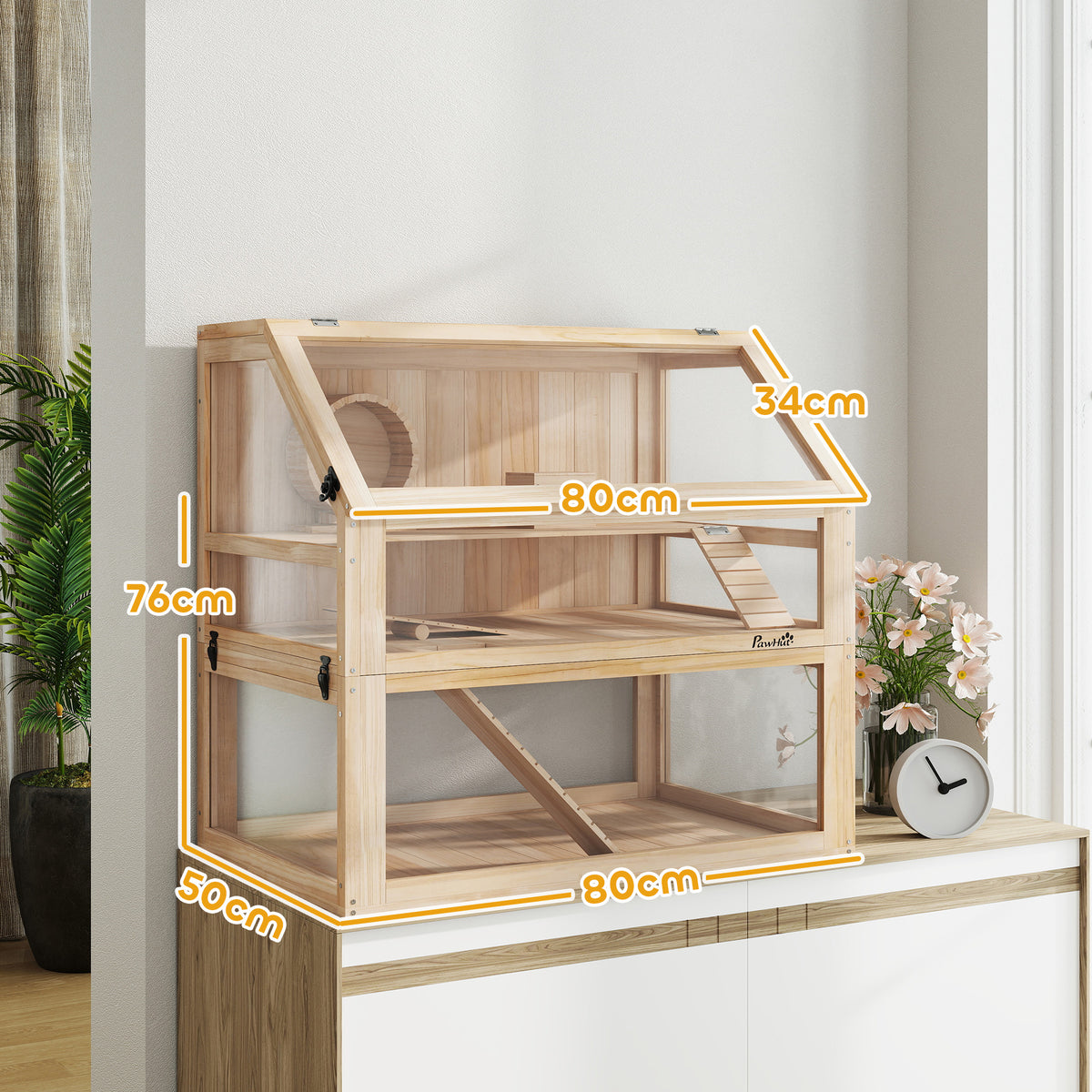 Cage hamster rongeur à 3 niveaux fond amovible de 31 cm de profondeur cabane balançoire 80x50x76cm finition bois naturel-2