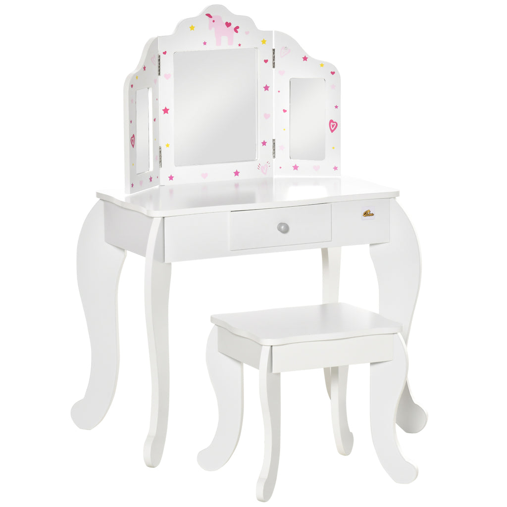 Coiffeuse Enfant avec Tabouret, Miroir triptyque et tiroir Coulissant - Coiffeuse dim. 63L x 40l x 85,5H cm-0