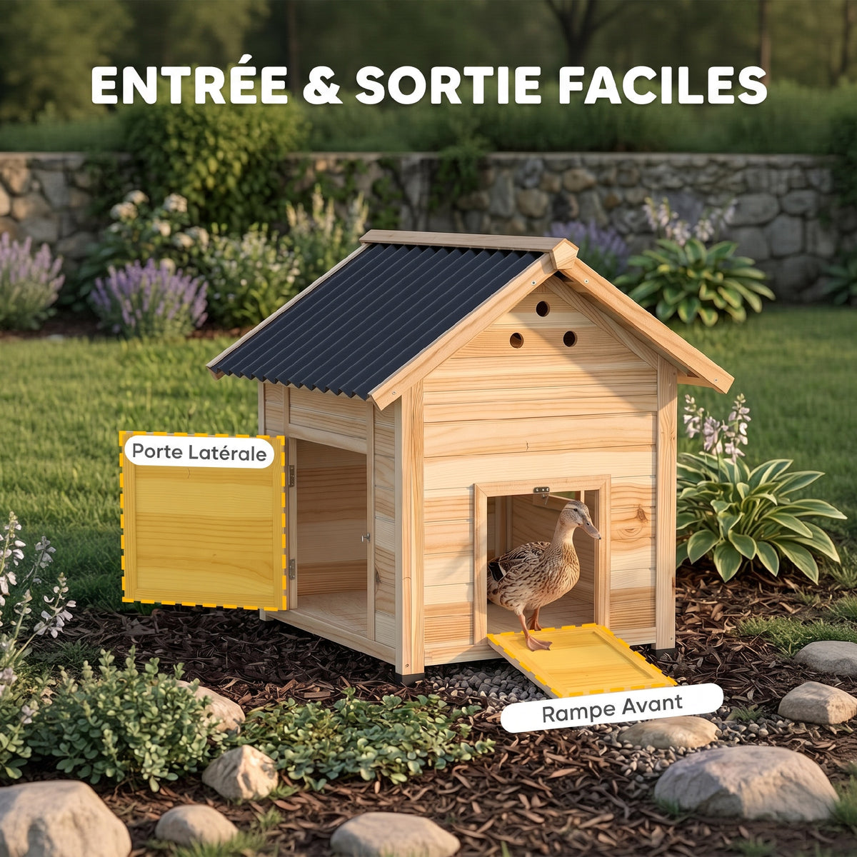 Poulailler en bois pour canards abri pour canards toit ouvrant double porte 78 x 90 x 92 cm effet bois naturel-4