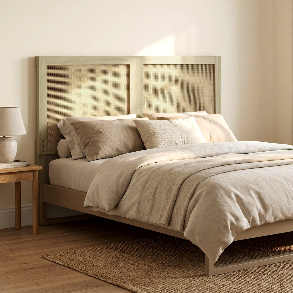 Tête de Lit en Bois à Effet Rotin, Design Bohème, pour Chambre à Coucher, 140 x 4 x 87 cm, Chêne-1