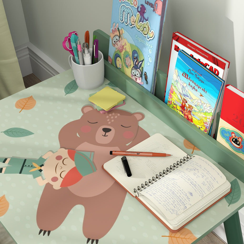 Ensemble table et chaise enfant table pour enfant avec chaise avec porte-livres motifs d'ours pour enfants 3-8 ans vert-7