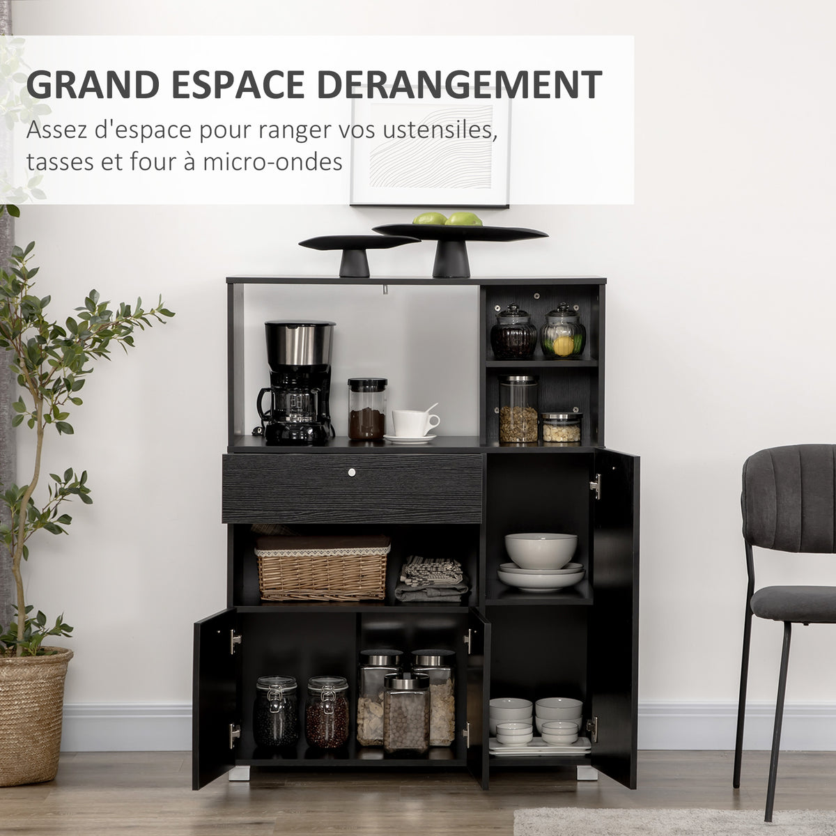 Meuble de micro-onde multi-rangements 2 placards 4 niches tiroir coulissant dim. 90L x 40l x 120H cm en bois noir-3