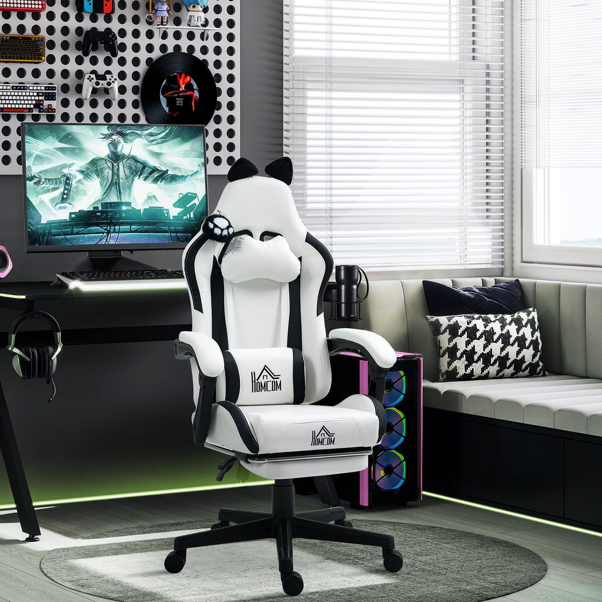 Chaise gaming ergonomique avec Oreilles de Chat, fauteuil gamer avec dossier inclinable, 65 x 62 x 124 cm, blanc-1
