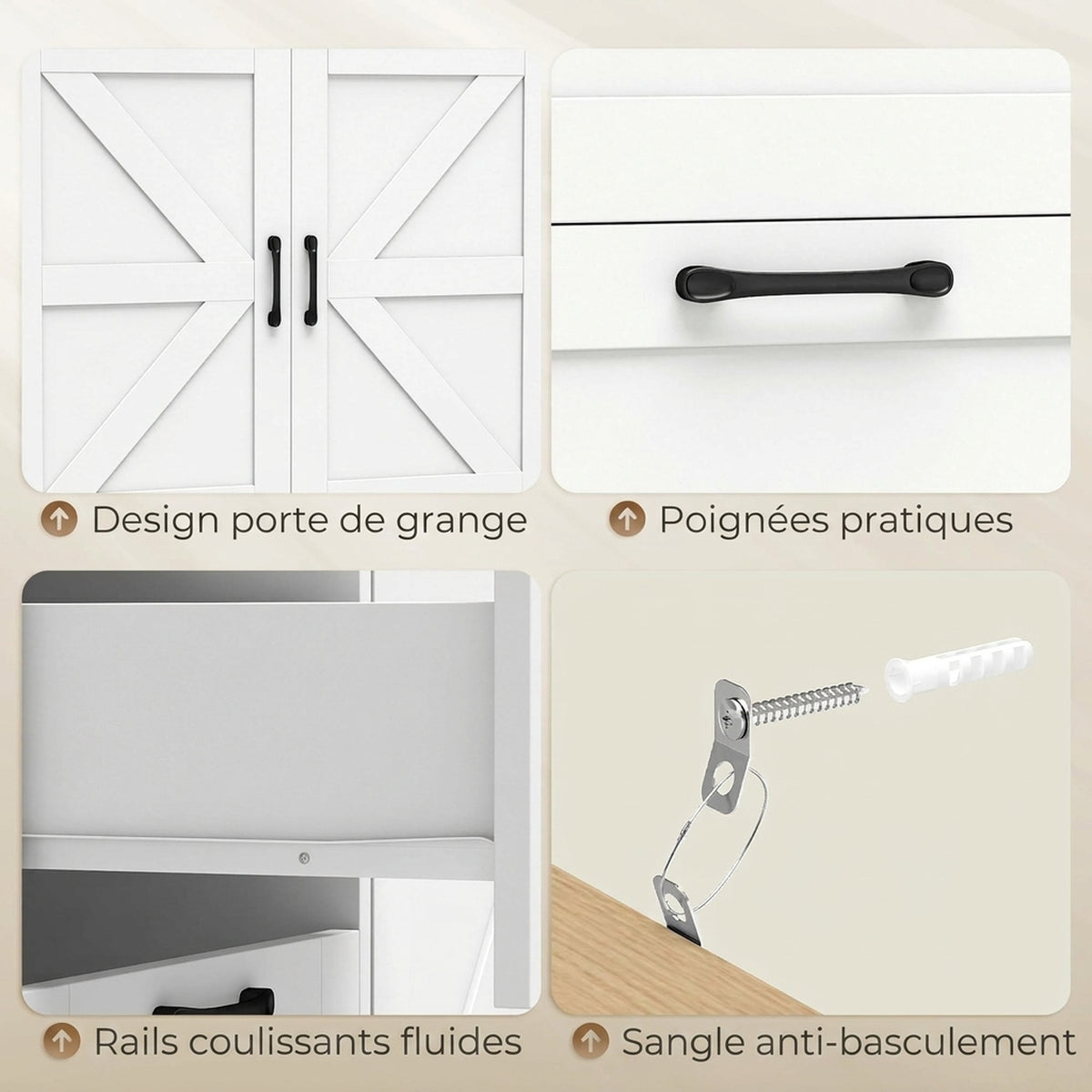 Buffet Cuisine, Meuble de Rangement avec 3 Tiroirs, 2 Portes Façon Grange, Plan de Travail et Compartiment Ouvert, Blanc-5