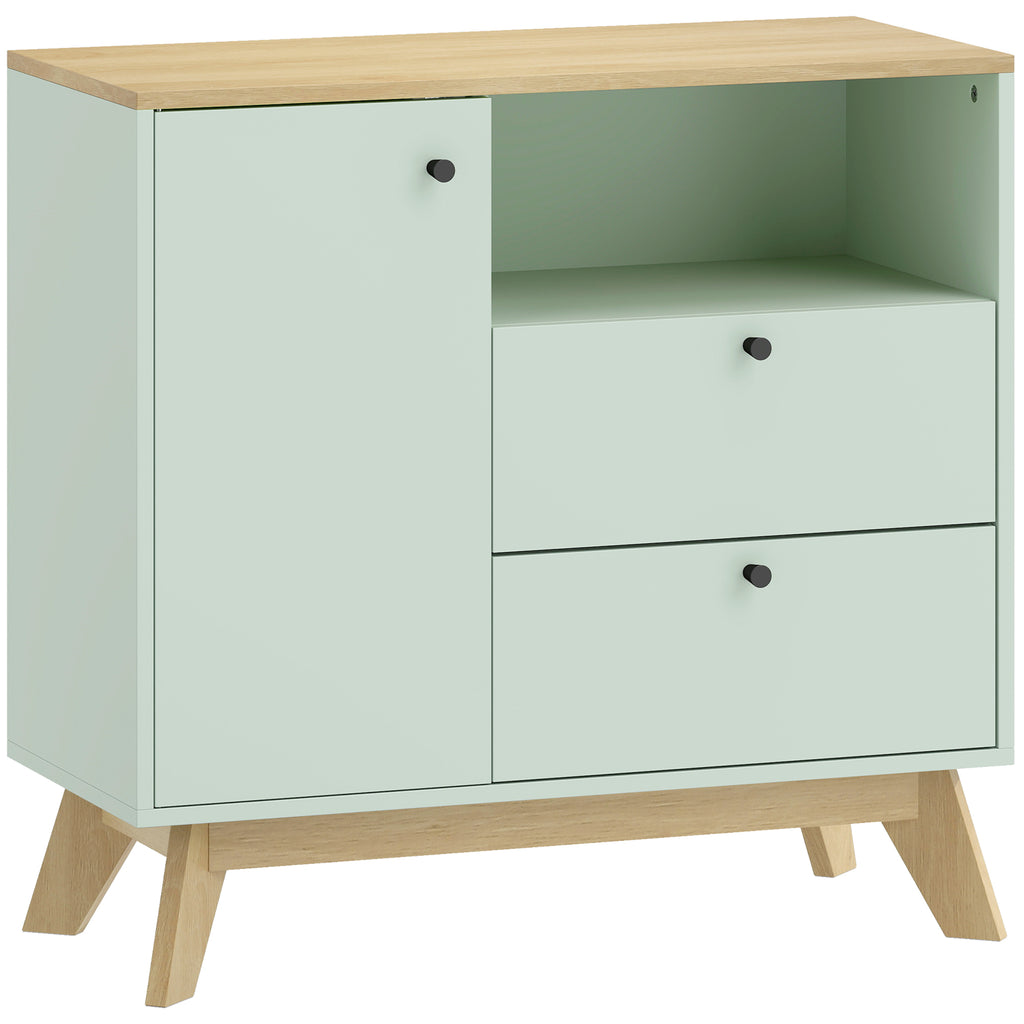 Buffet salon, meuble de rangement avec porte, 2 tiroirs, compartiment ouvert et étagère réglable, vert clair et chêne-0