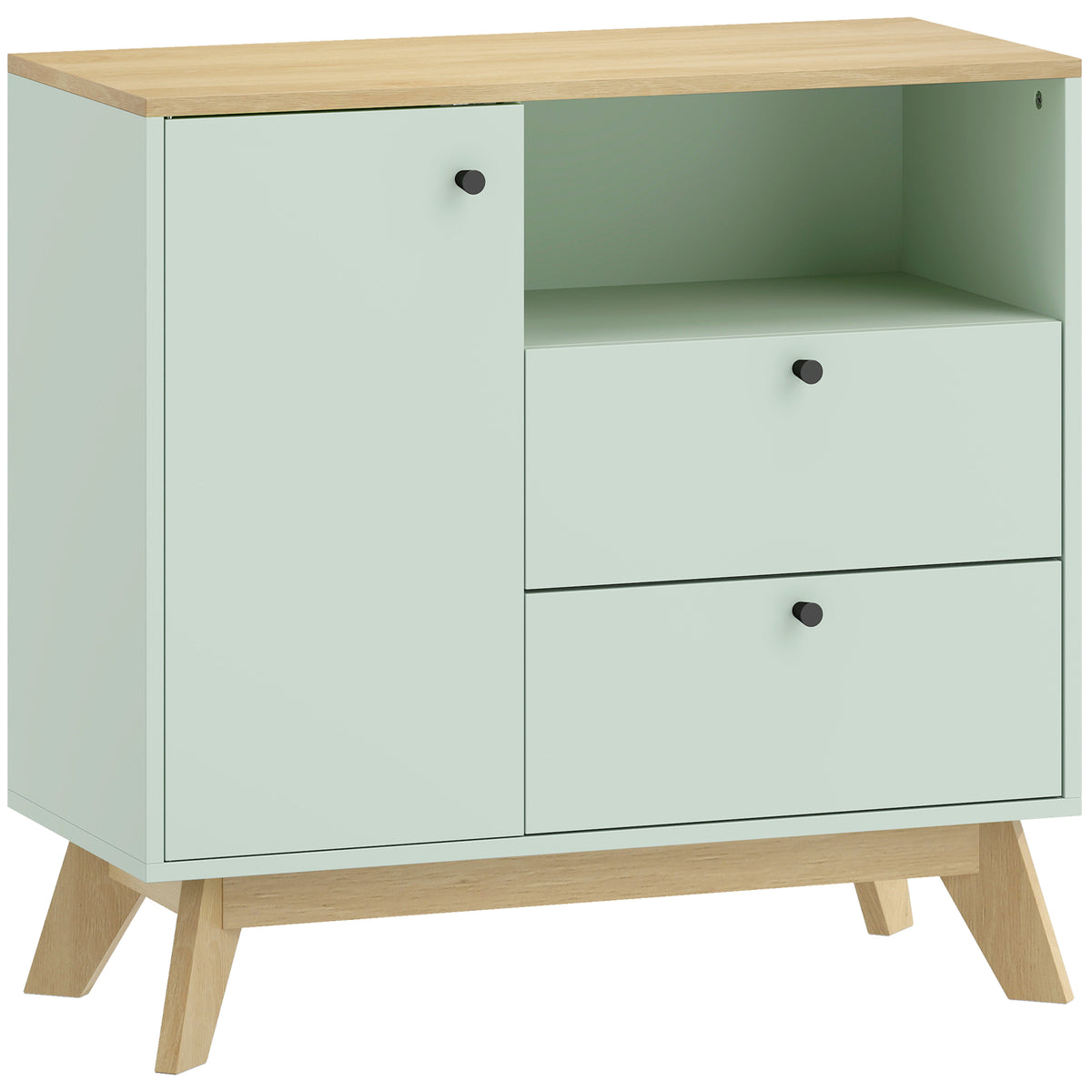 Buffet salon, meuble de rangement avec porte, 2 tiroirs, compartiment ouvert et étagère réglable, vert clair et chêne-0