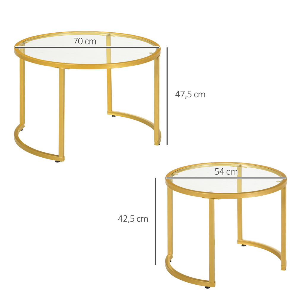Lot de 2 tables basses gigognes rondes plateau verre trempé et pied en acier au carbone doré-2