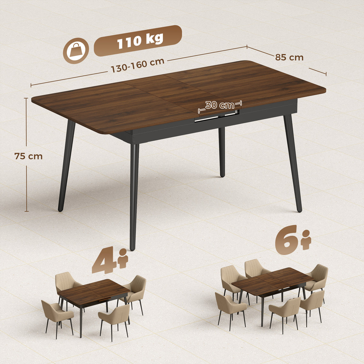 Table à Manger Extensible Rectangle pour 4 à 6 Personnes, Table de Cuisine 130-160 cm avec Coins Arrondis, Noyer Clair-2
