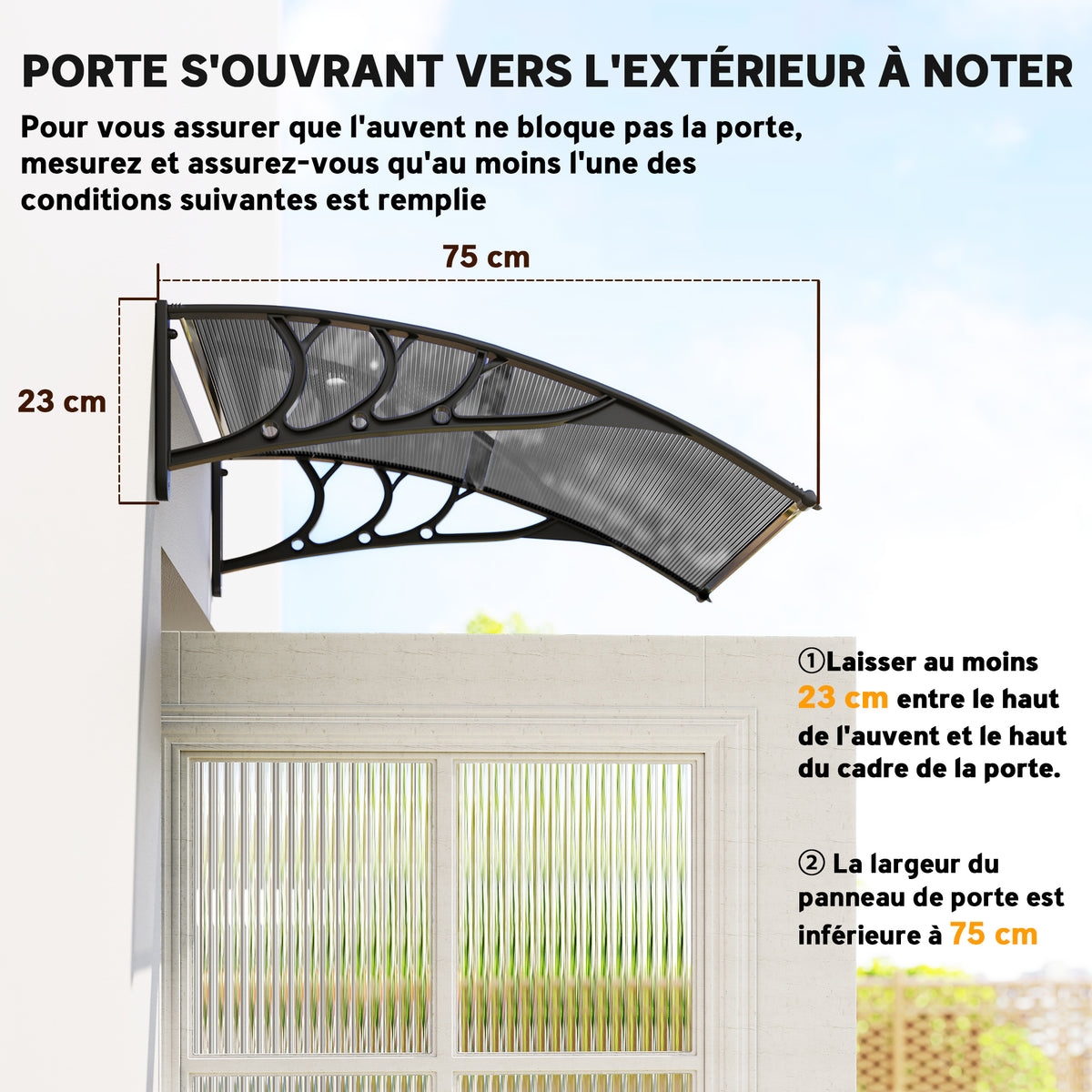 Auvent de porte d'entrée, toit marquise de porte exterieur en polycarbonate et aluminium résistante 100 x 75 cm noir-6