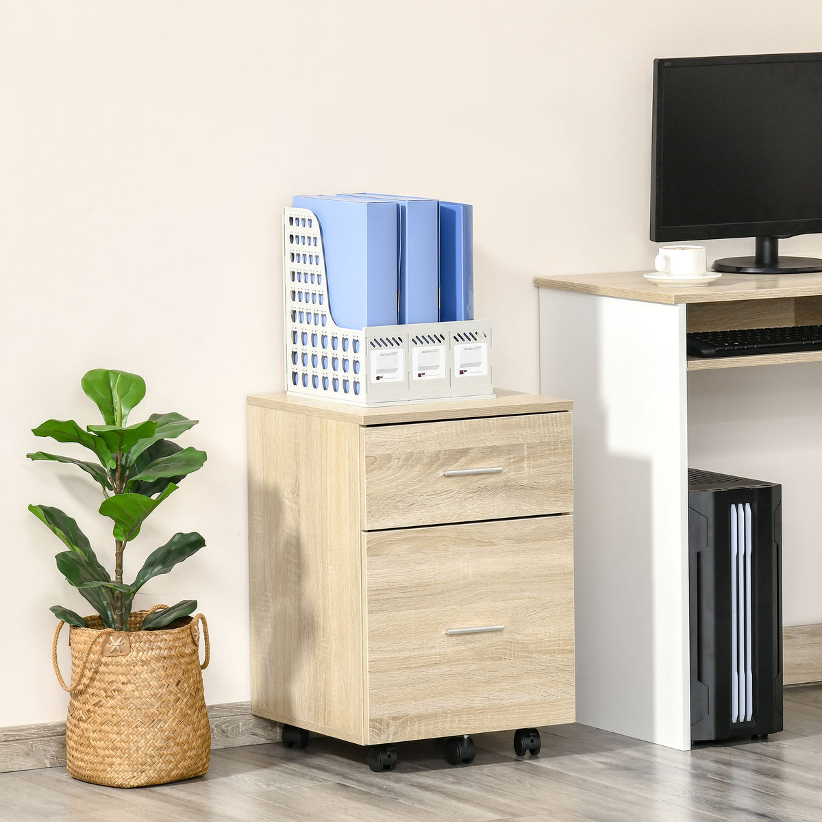 Caisson de bureau caisson de rangement mobile 2 tiroirs 5 roulettes en panneau de particules 39,5 x 39 x 58,5 cm-9