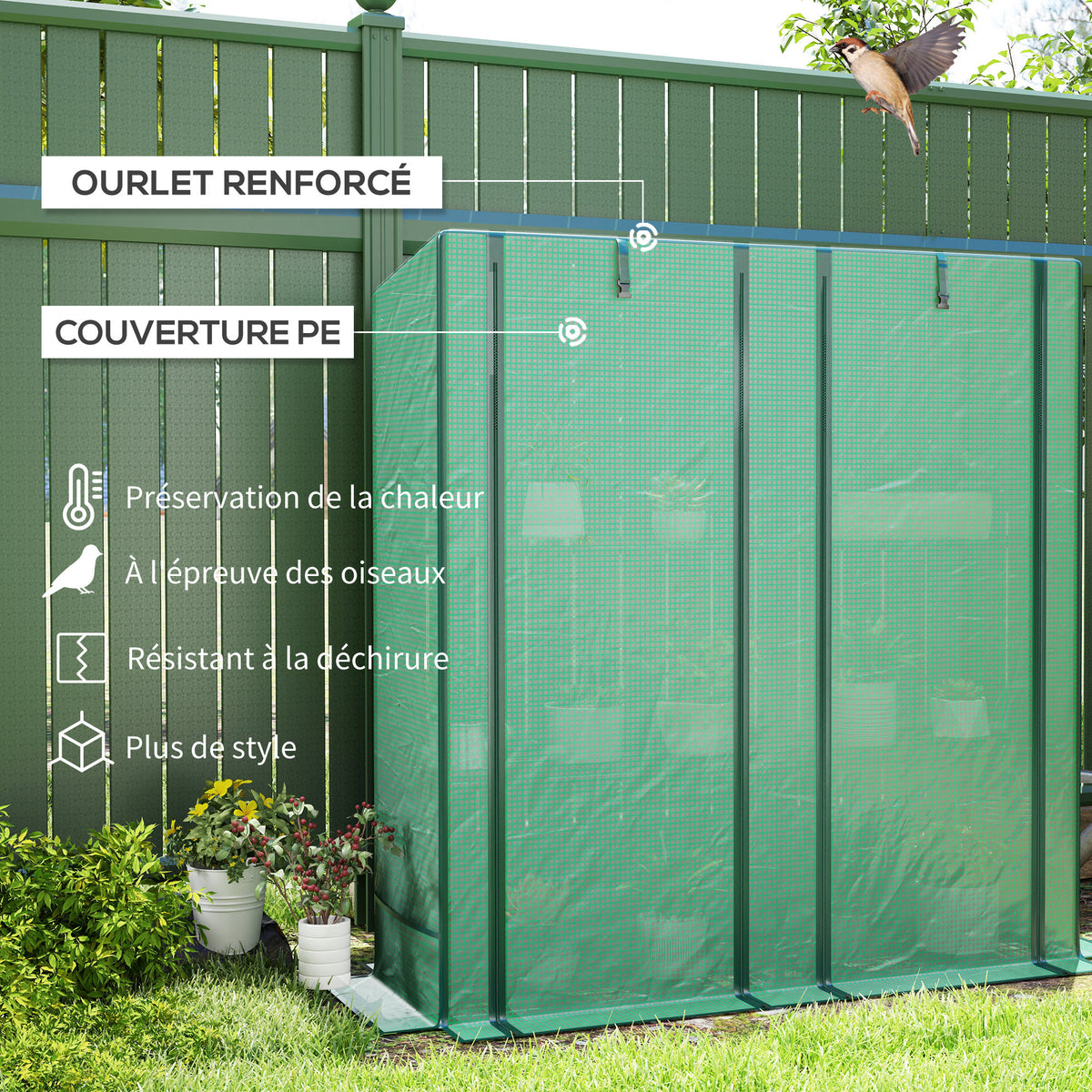 Serre de jardin avec étagères métalliques à 3 niveaux serre de balcon couverture PE toit incliné 144 x 48 x 152 cm vert-3
