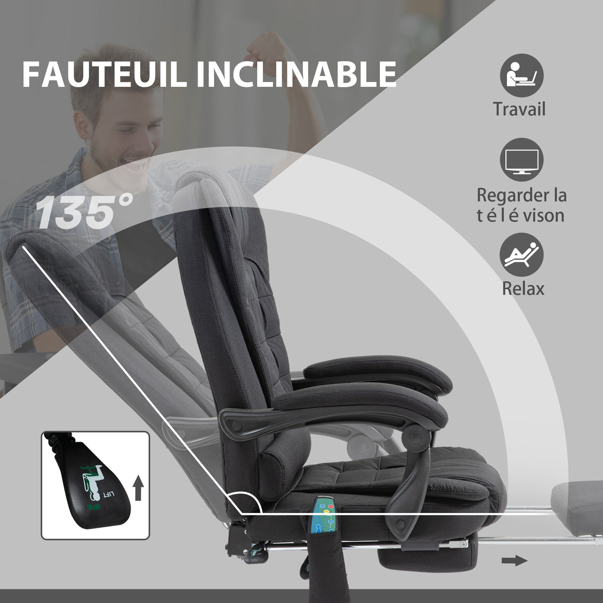 Fauteuil de bureau direction massant chauffant hauteur réglable dossier inclinable toile de lin noir-4