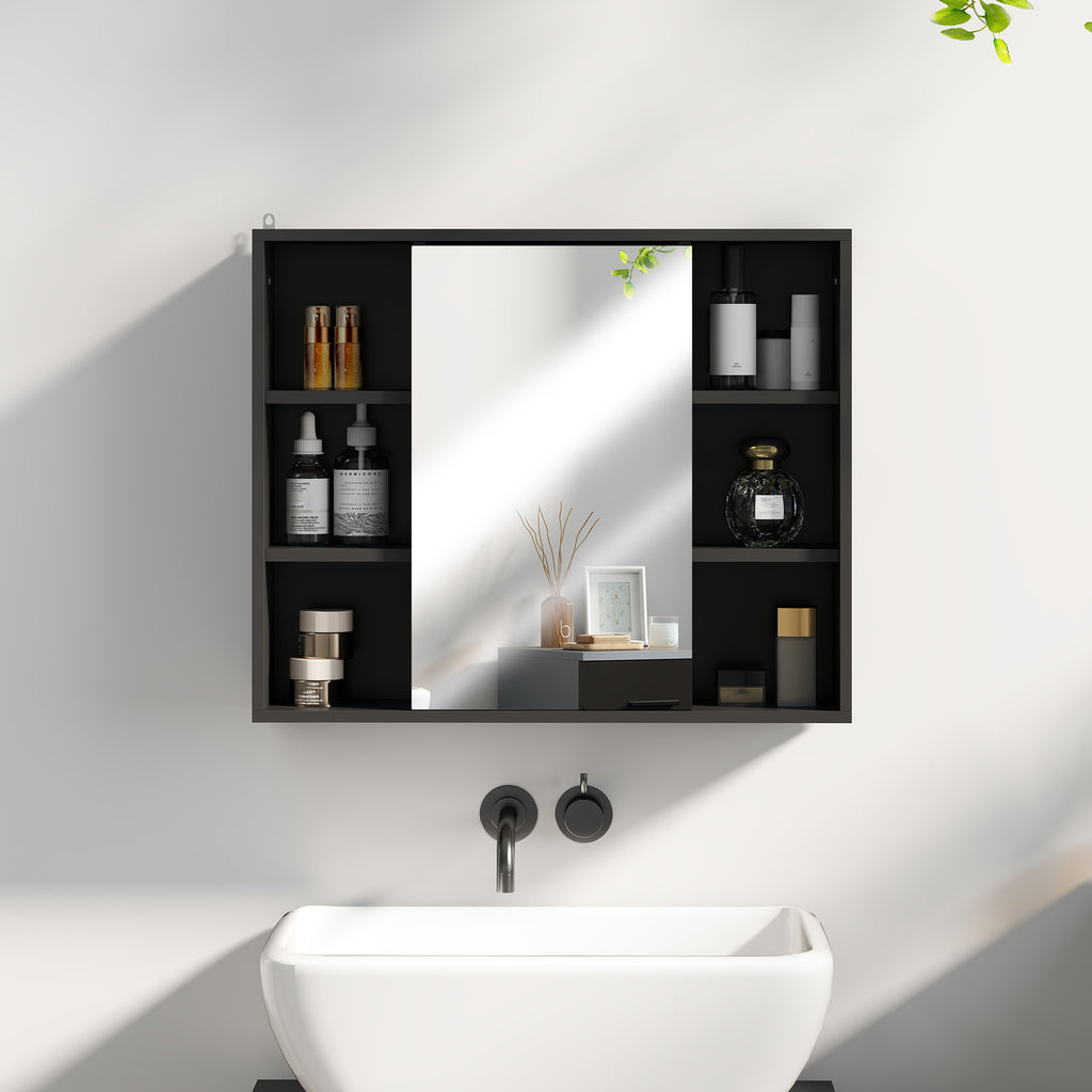 Meuble salle de bain avec miroir, placard à portes et 6 compartiments ouverts, 60 x 14,5 x 49,4 cm, noir-8