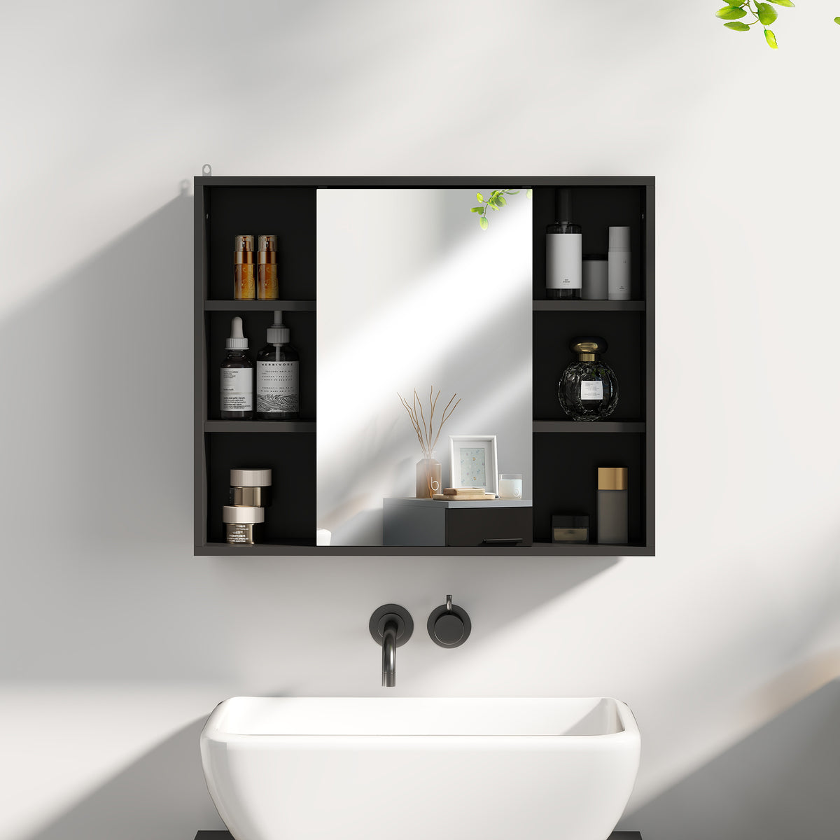 Meuble salle de bain avec miroir, placard à portes et 6 compartiments ouverts, 60 x 14,5 x 49,4 cm, noir-8