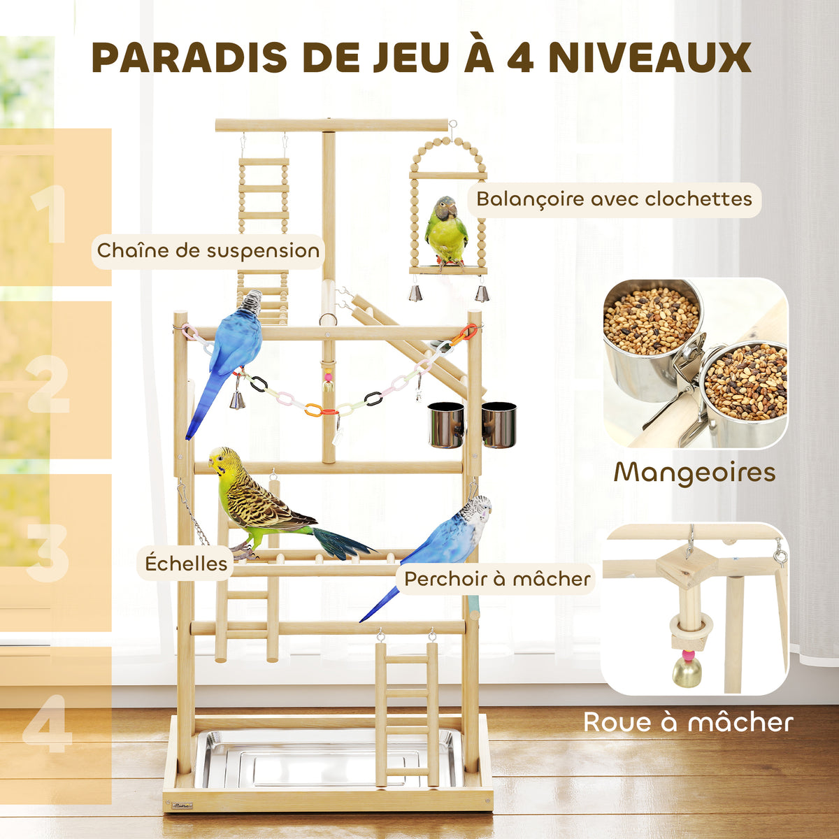 Aire de jeux pour oiseaux, terrain de jeu pour perroquet, échelles, jouet à chaîne, plateau, 48x38x95cm, bois naturel-4
