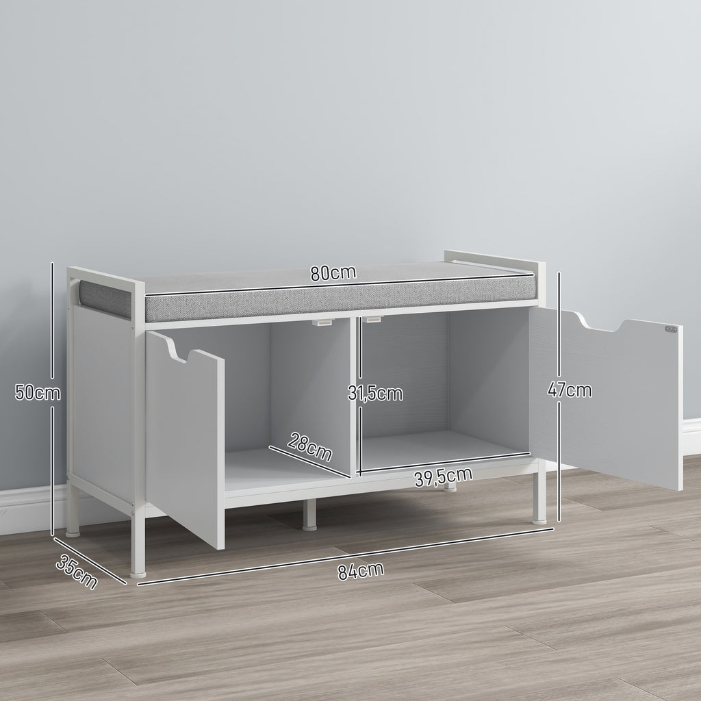 Banc meuble à chaussures, 2 placards, meuble d'entrée avec coussin rembourrée, 84l x 35P x 50H cm, blanc-2