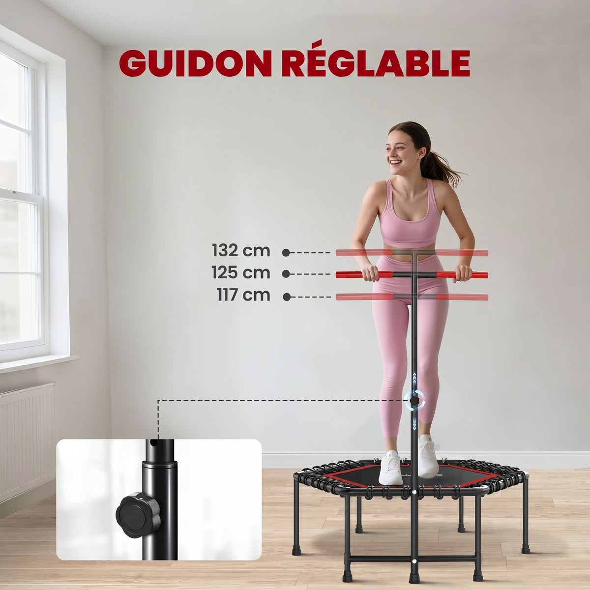Trampoline de fitness 114 cm, cordes élastiques, poignée réglable 3 positions, trampoline d'exercice silencieux, rouge-3