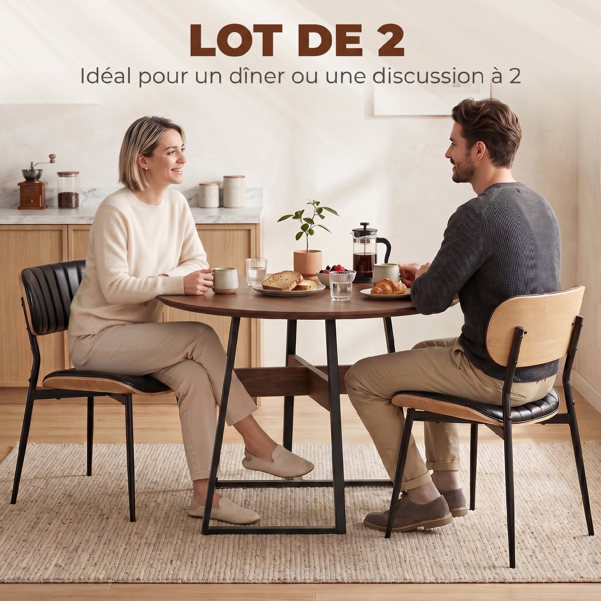 Lot de 2 Chaises de Salle à Manger, Chaises Cuisine sans Accoudoirs, Dossier Incurvé et Assise Rembourrée en PU, Noir-4