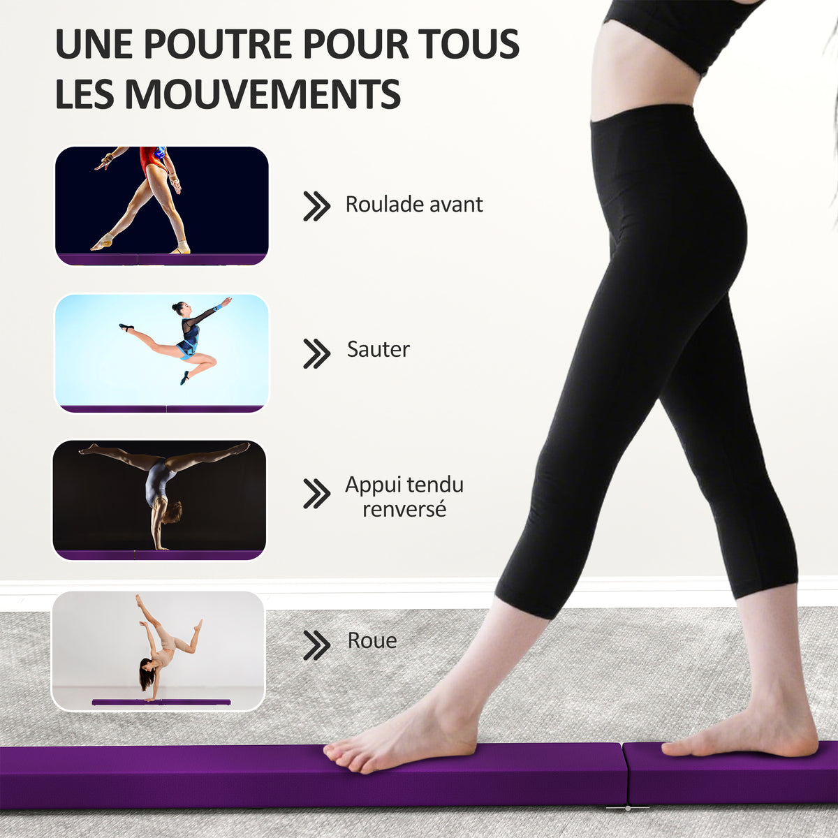Poutre gymnastique pliable 210 cm en velours, poutre d'équilibre avec fond antidérapant, pour enfants et adultes, violet-6