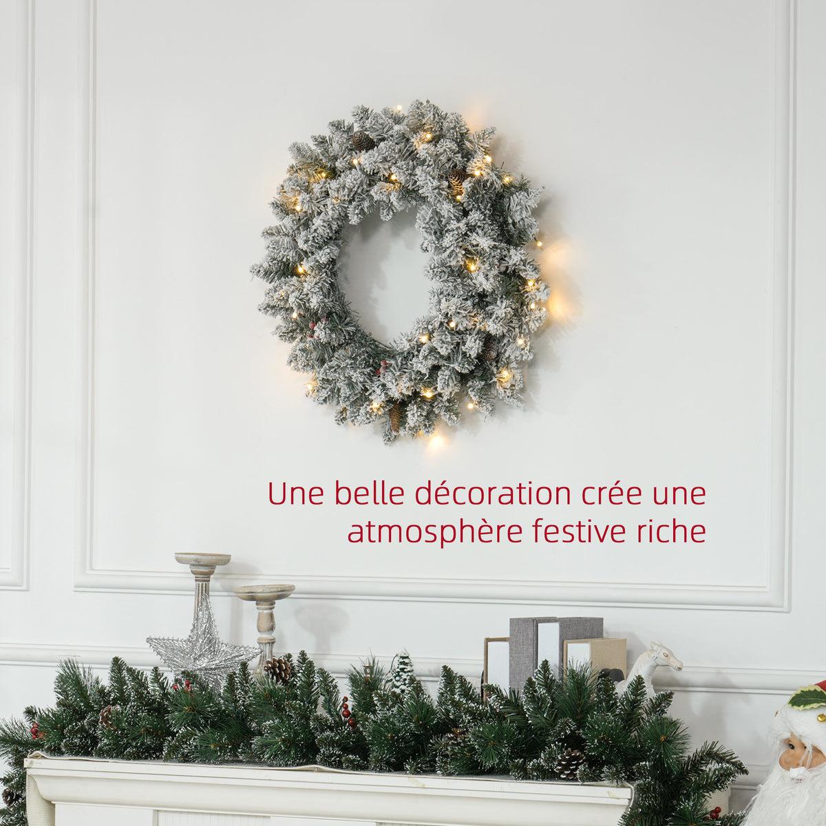 Couronne de Noël porte artificielle 60 CM avec pommes de pin et grappes de baies, lumières LED et minuterie vert-3