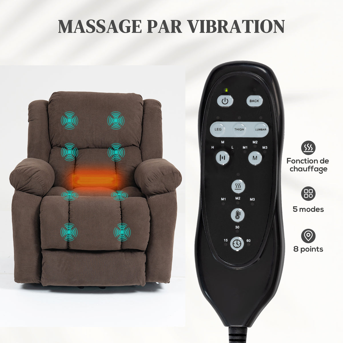 Fauteuil Releveur Électrique, Massage et Chauffage, Repose-Pieds, Dossier Inclinable, Télécommande, 93x104x100cm, Marron-4