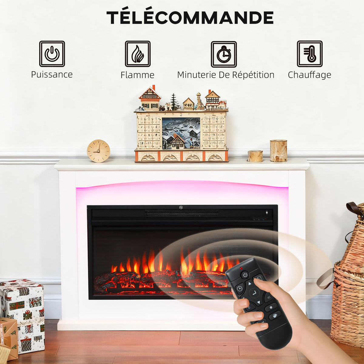 Cheminée électrique 1000W/2000W, fausse cheminée décorative, effet flamme à 5 luminosités réglables, 121x25x77cm, blanc-5